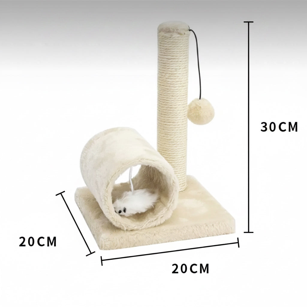 Cat play structure with dimensions labeled on a white background