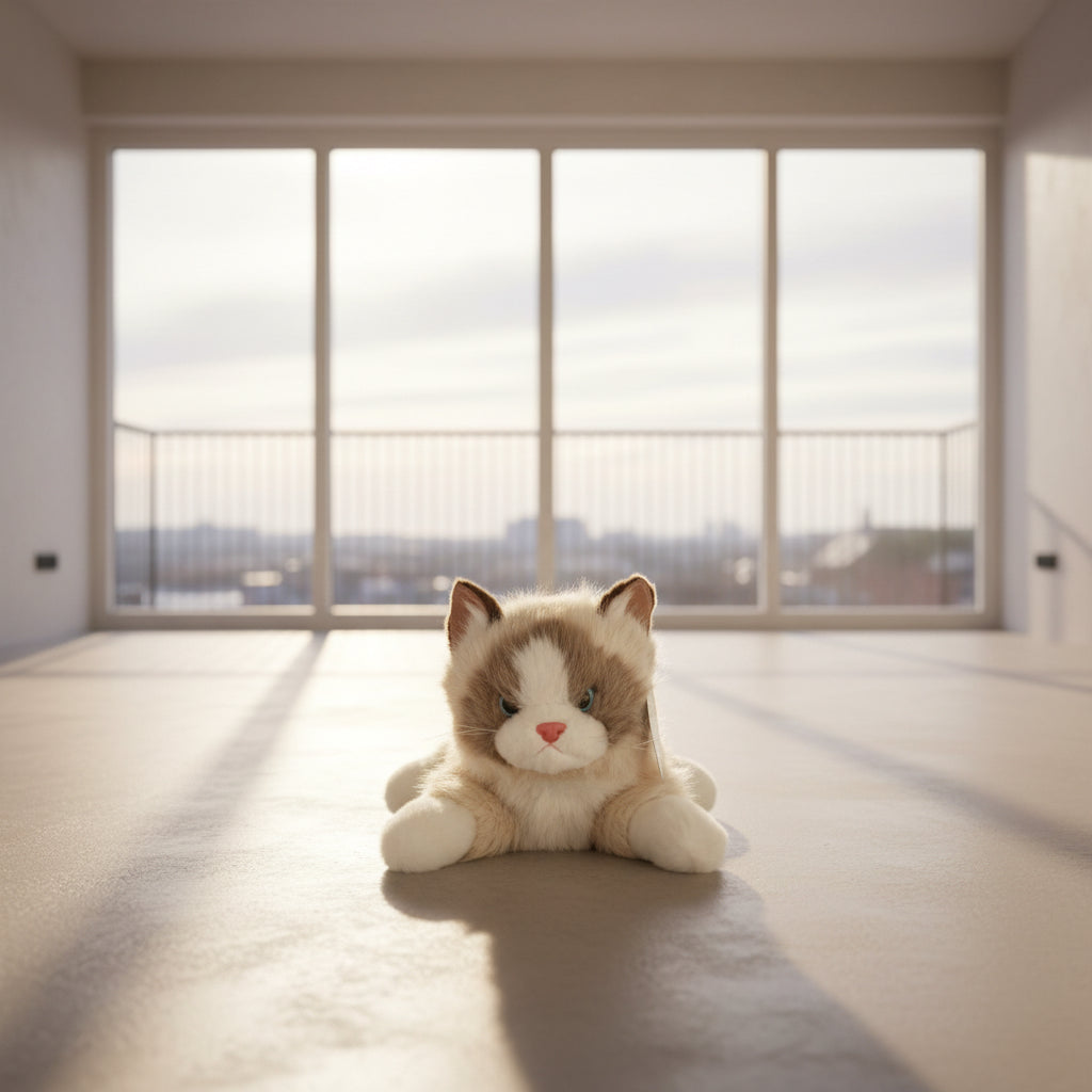 Plush cat toy on a checkered blanket with a window in the background