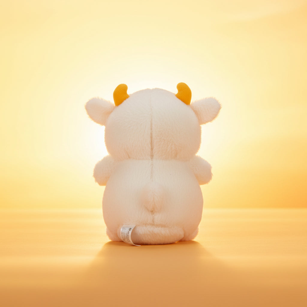 White plush toy shaped like a bear with orange buttons, sitting on a white surface.