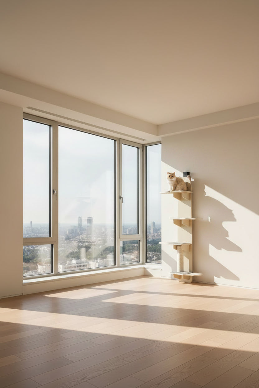 Cat tree with dimensions labeled on a white background