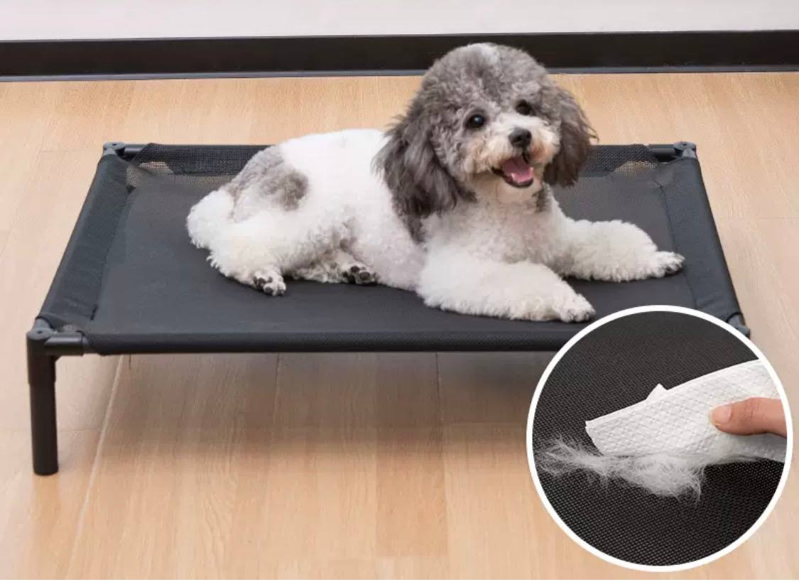 Dog lying on a black pet bed with a close-up of fur on a wooden floor.