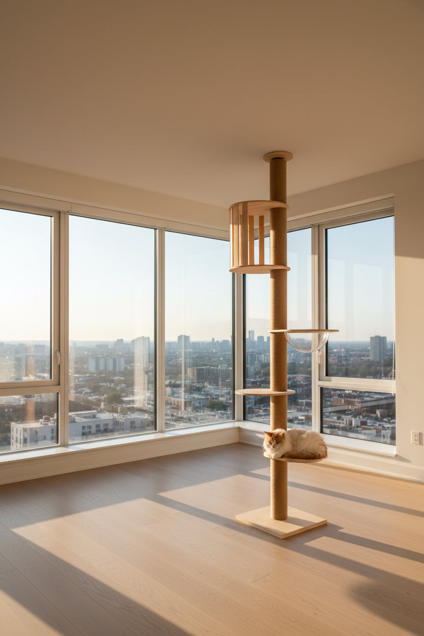 Marggo Floor-to-Ceiling Cat Tree with Acrylic Bubble Bed & Modern Wooden Perches